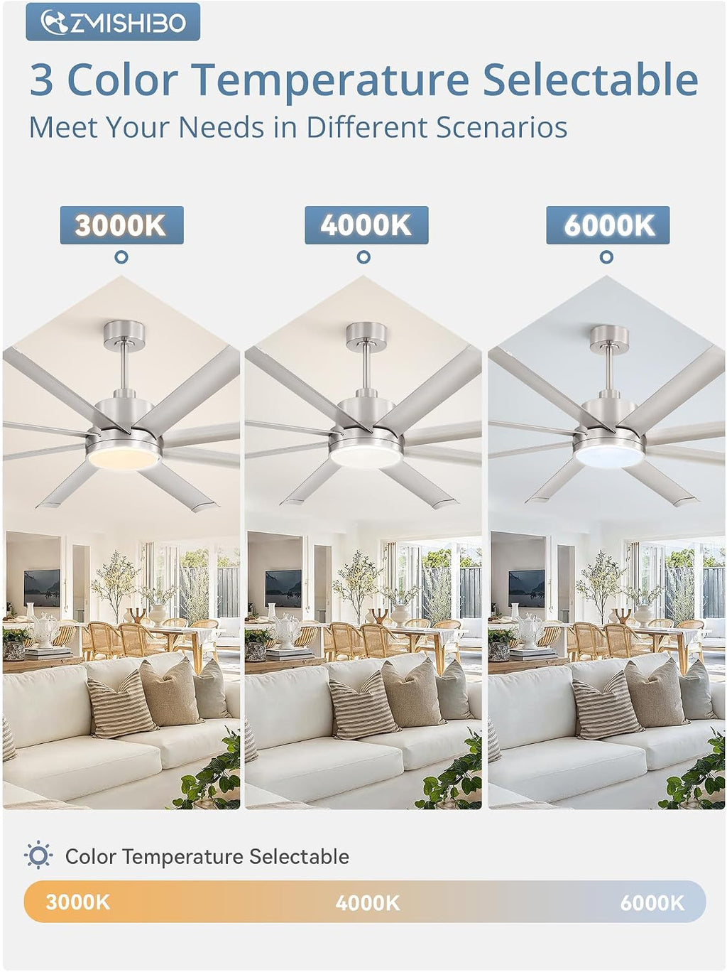 ZMISHIBO 72 Inch Ceiling Fans with Lights, Indoor/Outdoor Industrial Ceiling Fan with 8 Aluminum Reversible Blade, Quiet DC Motor, 3CCT&6-Speed Remote Control, Damp Rated for Living Room/Garage/Gazebo