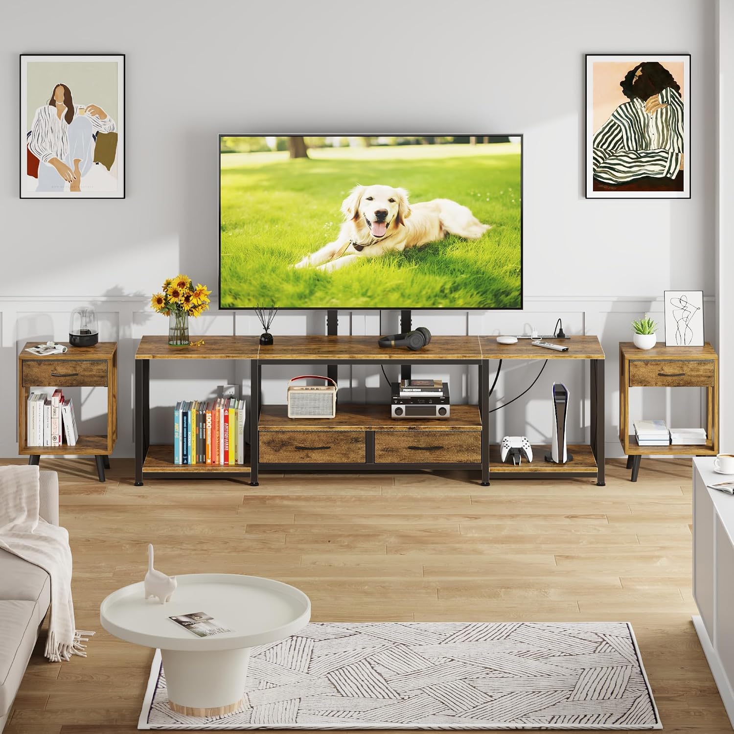 GYIIYUO LED TV Stand with Mount and Power Outlet & Fabric Drawers for 32-85 Inches TV - Entertainment Center and Corner Tv Stand for Living Room, Bedroom- 47' Rustic Brown (Max VESA 600mm × 400mm | with Mount, Power Outlet, Fabric Drawers, 32-85 Inches TV