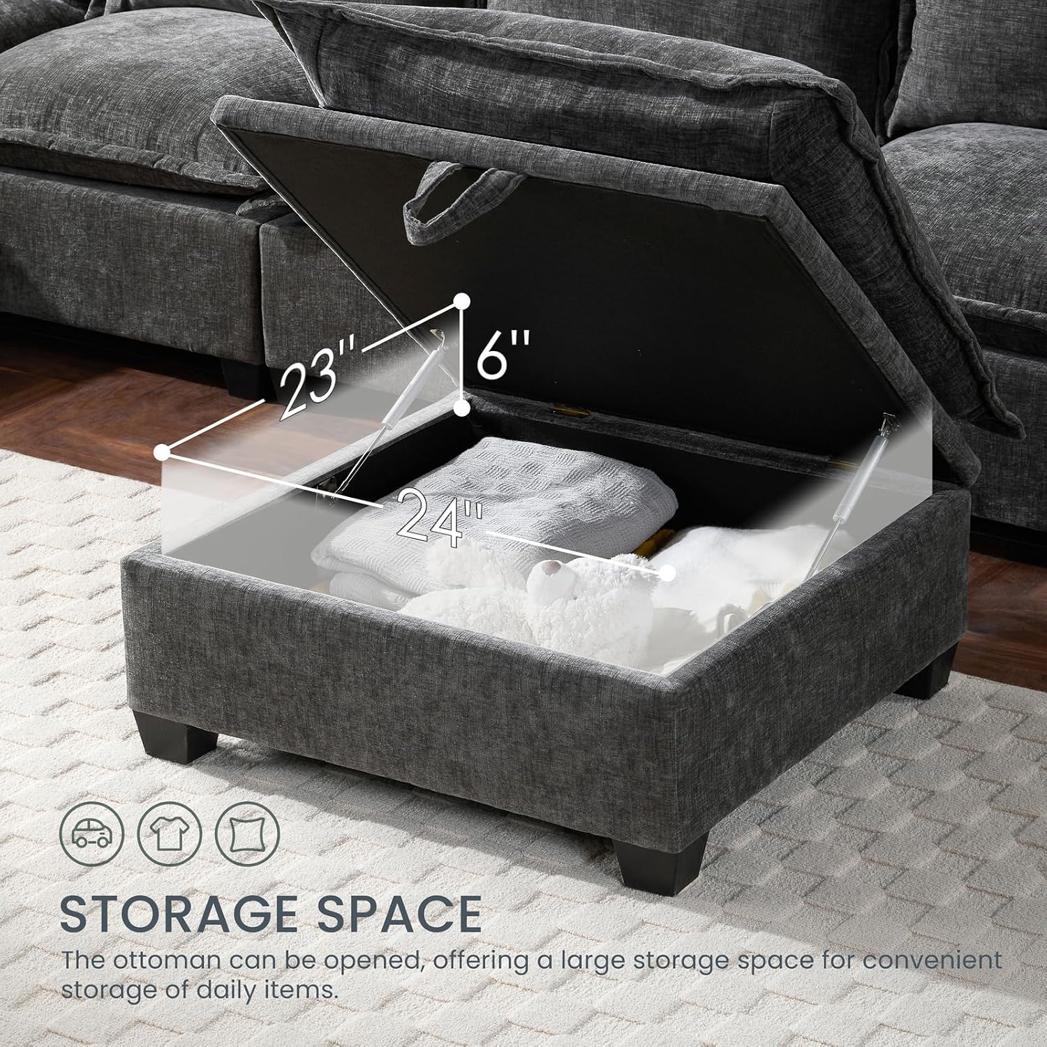 117' Oversized Modular Sectional Sofa with Movable Storage Ottoman, 7-Seat U-Shaped Cloud Couch with Deep Seats, Chenille Upholstered Corner Couch, Modern Sectional Couches for Living Room, Grey
