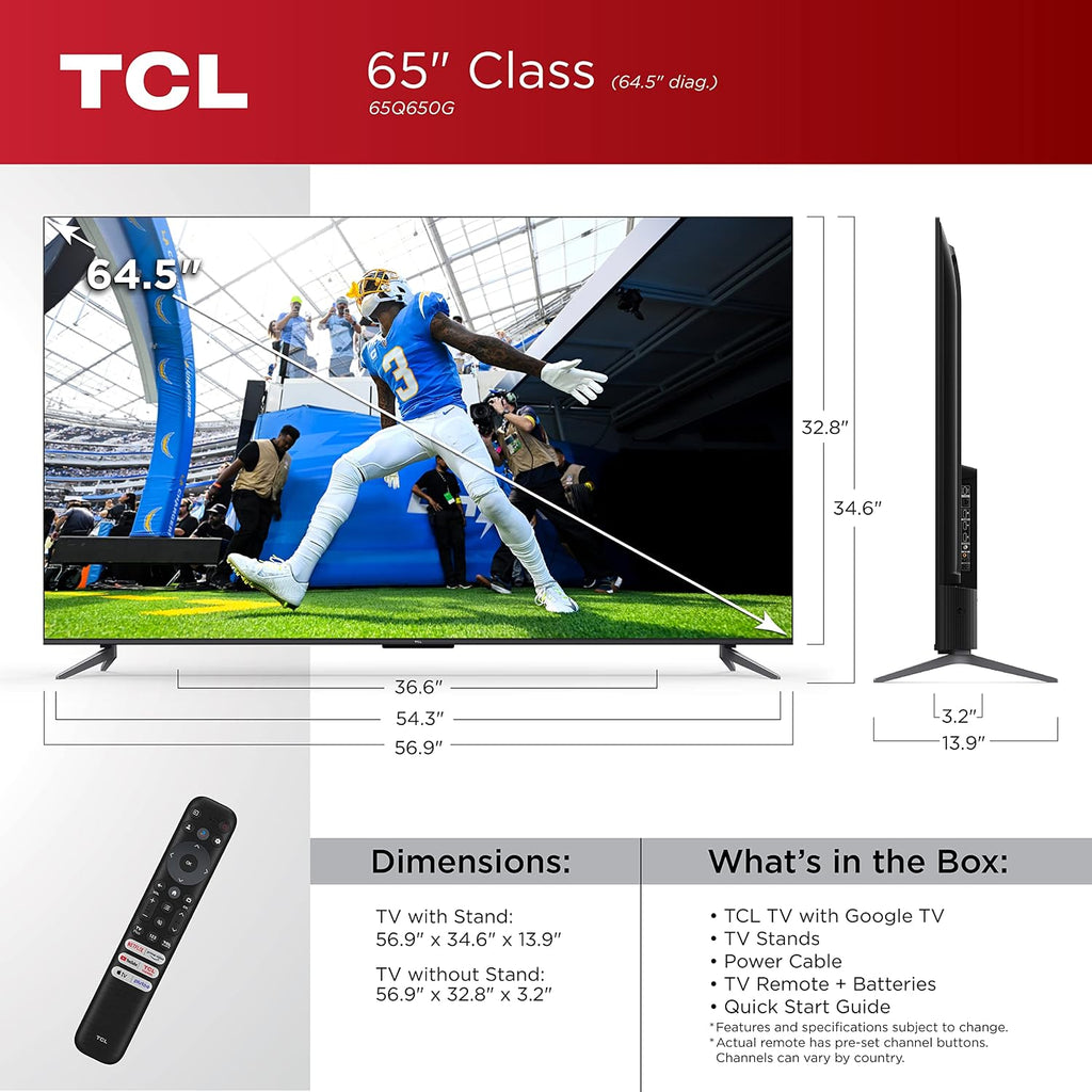 TCL 65-Inch Q6 QLED 4K Smart TV with Google TV (65Q650G, 2023 Model) Dolby Vision, Dolby Atmos, HDR Pro+, Game Accelerator Enhanced Gaming, Voice Remote, Works with Alexa, Streaming UHD Television