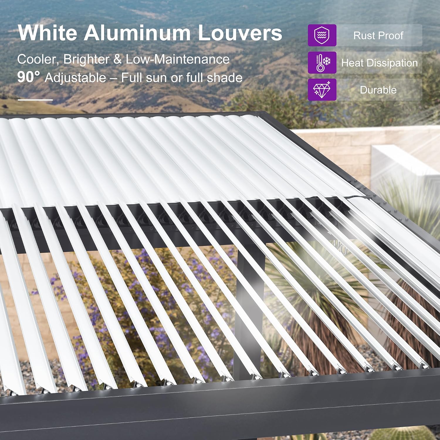 PURPLE LEAF Louvered Pergola 10' x 16' Outdoor Aluminum Pergola with Hidden Drainage System and White Adjustable Sun Shade Roof Patio Hardtop Large Pergolas for Patio Poolside Spa