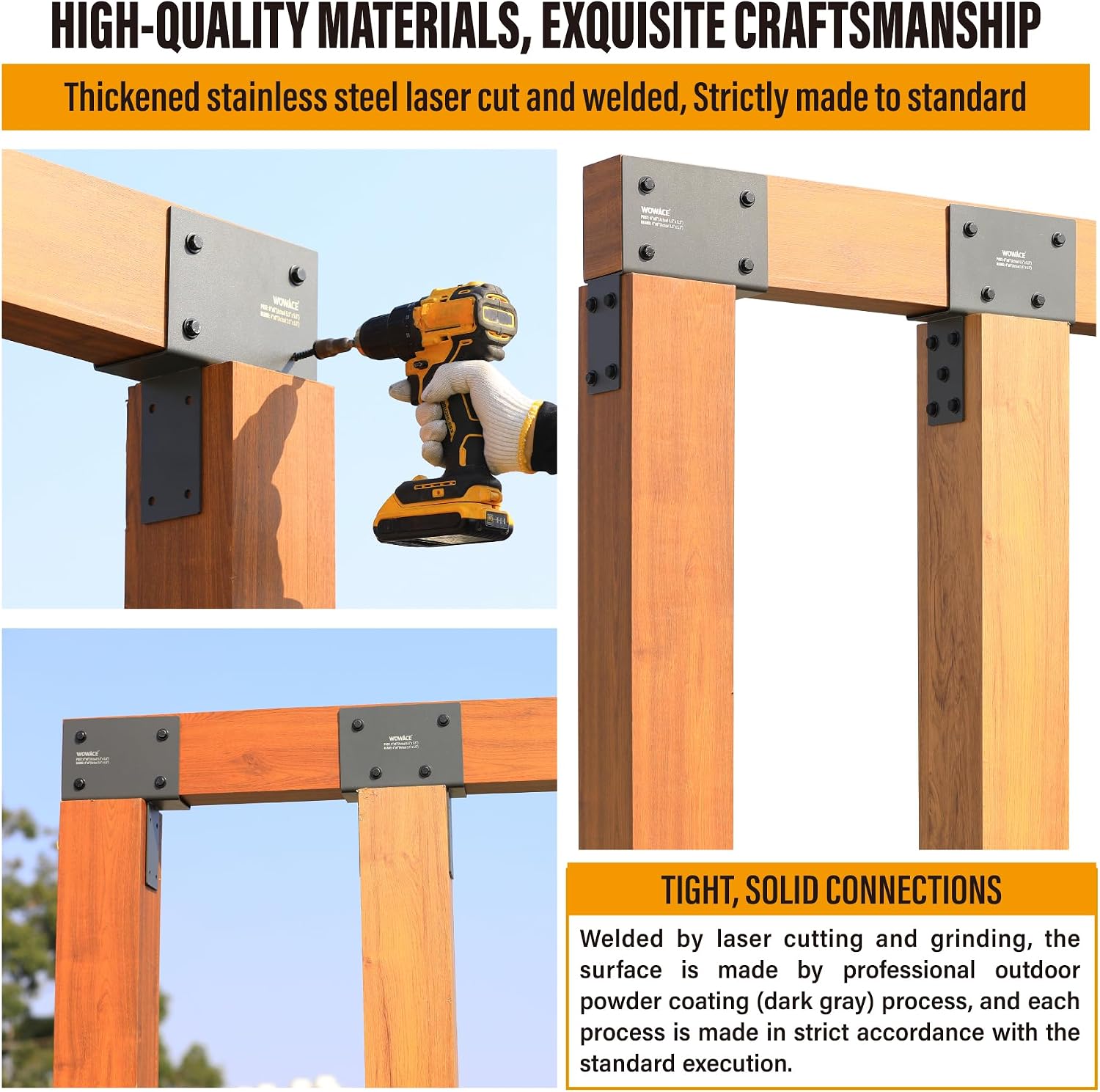 4Pack 4x6 (Actual 3.5'x5.5') Heavy Duty Stainless Steel Pergola Brackets - End Post to Beam Connector for Gazebos, Patio Decks, Porches - Wood Post Cap Tie Bracket (Dark Gray)