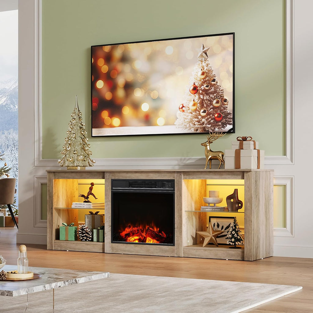 WLIVE 58 Inches Fireplace TV Stand with LED Lights, Modern Entertainment Center with 18'' Electric Fireplace & Adjustable Glass Shelves, Sturdy Media Console for Living Room, Bedroom (Grey Oak)