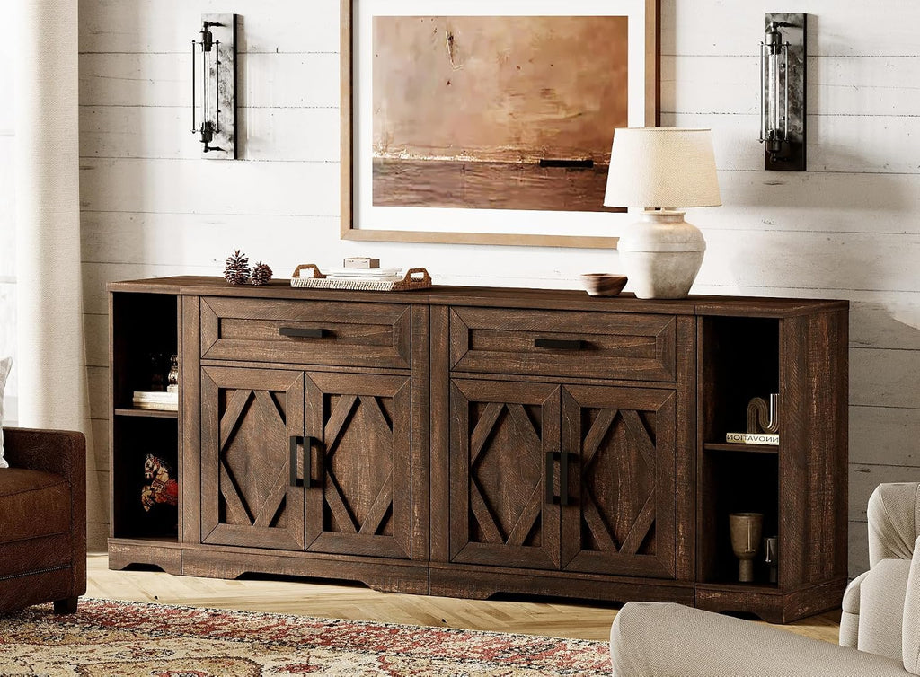 WAMPAT 82.7' W TV Stand for up to 95' TVs,Farmhouse Entertainment Center with Storage Barn Door Cabinet,TV Console Table with Media Cabinet and Drawers for Living Room,Bedroom,Dark Brown