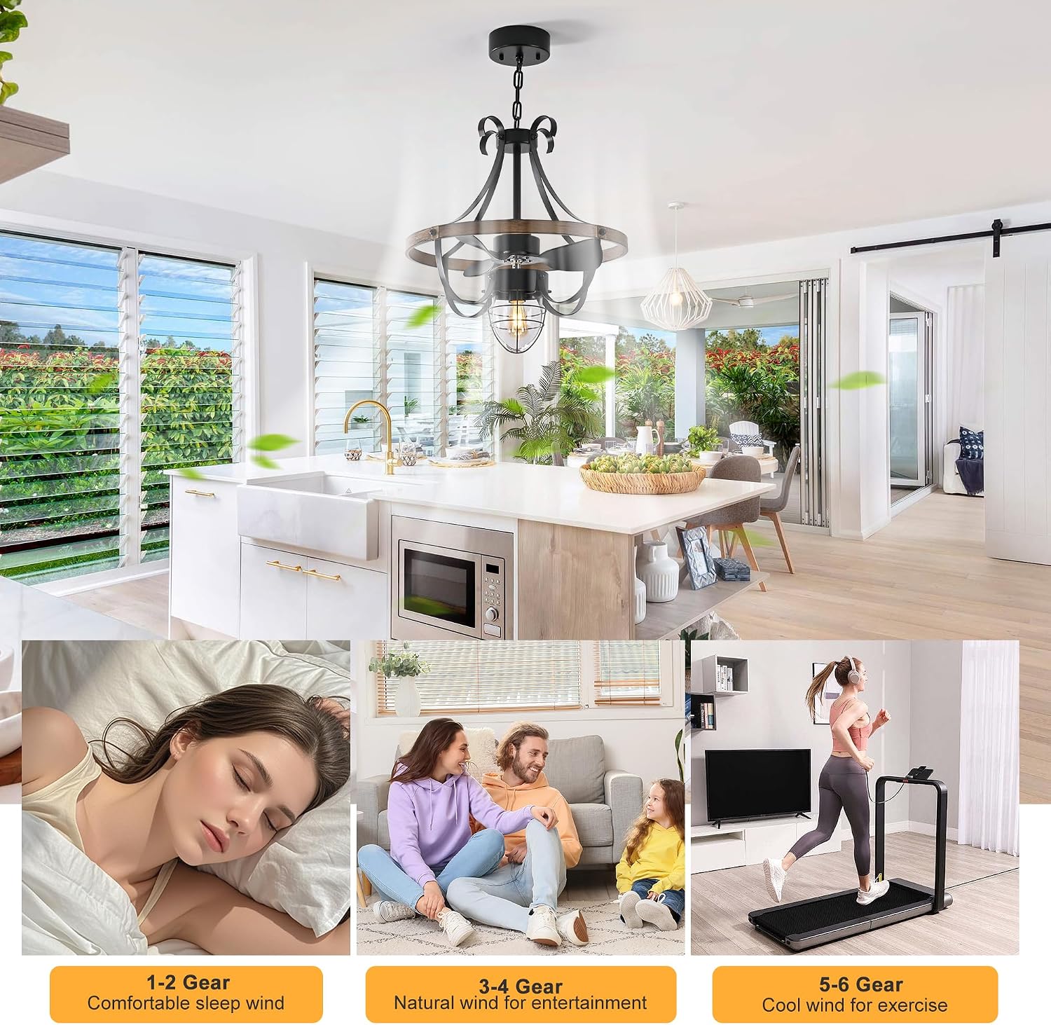Garwarm Waterproof Outdoor Ceiling Fan with Lights and Remote,IP44 Black Outdoor/Indoor Ceiling Fans for Patios 6-Speed DC Motor, Farmhouse Gazebo Fan for Porch Pavilion