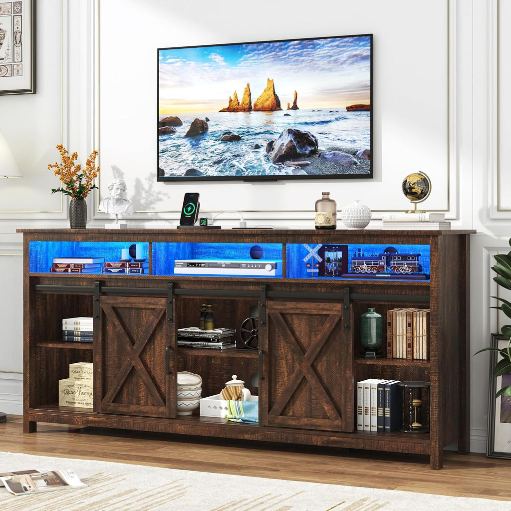 LED Farmhouse TV Stand for 80/75 inch TVs, Rustic Entertainment Center Cabinet with Power Outlets, Brown