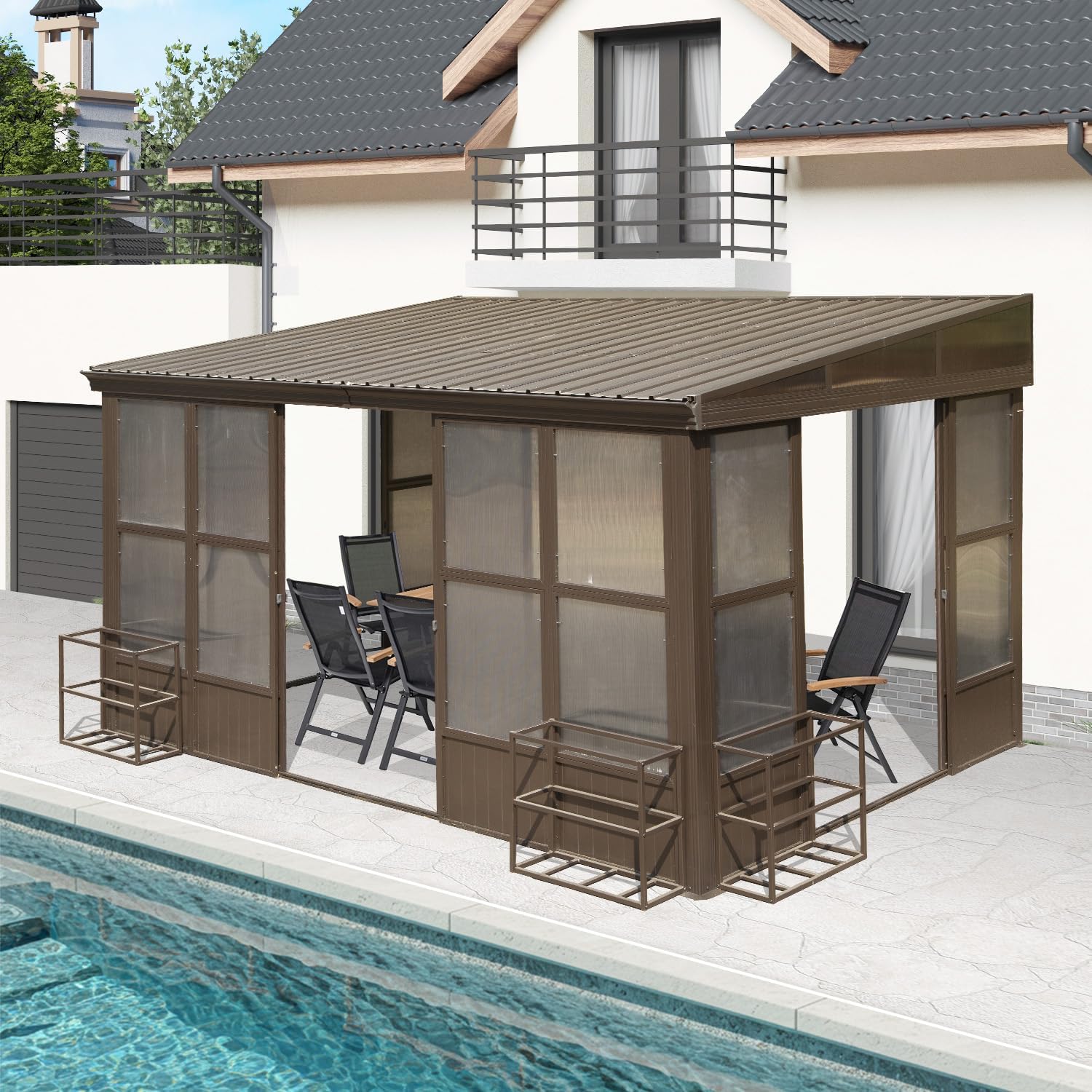 Domi 10x14FT Wall-Mounted Sunroom Gazebo, Aluminum Solarium with Galvanized Steel Sloping Roof, Detachable PVC Screens, Front & Side Sliding Doors, Outdoor Sun Room Lean to Gazebo for Patio Deck Lawn