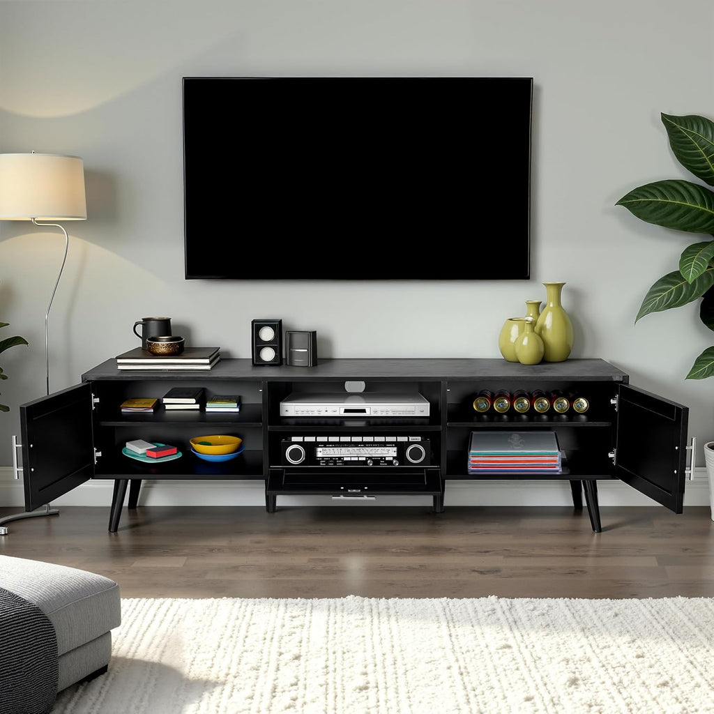 Finnhomy 59 Inch Boho TV Stand for up to 70 inch TV, TV Console with 2 Hand Made Rattan Decorated Doors, Living Room Entertainment Center TV Table with Storage, Black