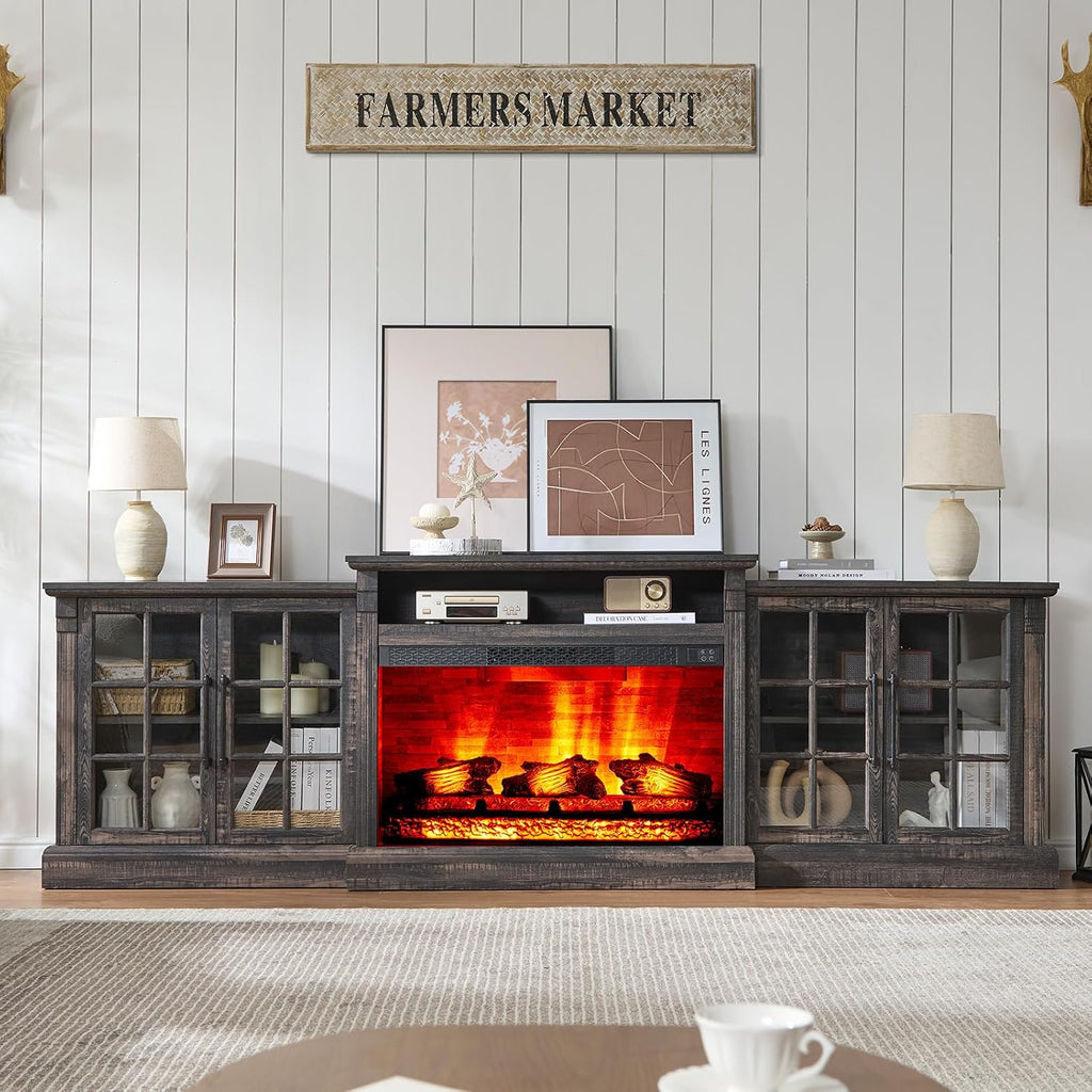 AMERLIFE 97' Farmhouse Fireplace TV Stand, Entertainment Center with Large Storage Space and Adjustable Shelf, Media Console for Living Room, Black