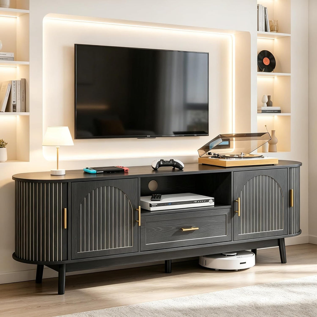 70' Fluted TV Stand for Tvs up to 80', Mid-Century Modern Entertainment Center with Drawers and Fluted Doors, Curved TV Media Console Table with Sliding Doors for Living Room, Bedroom (70' Black)