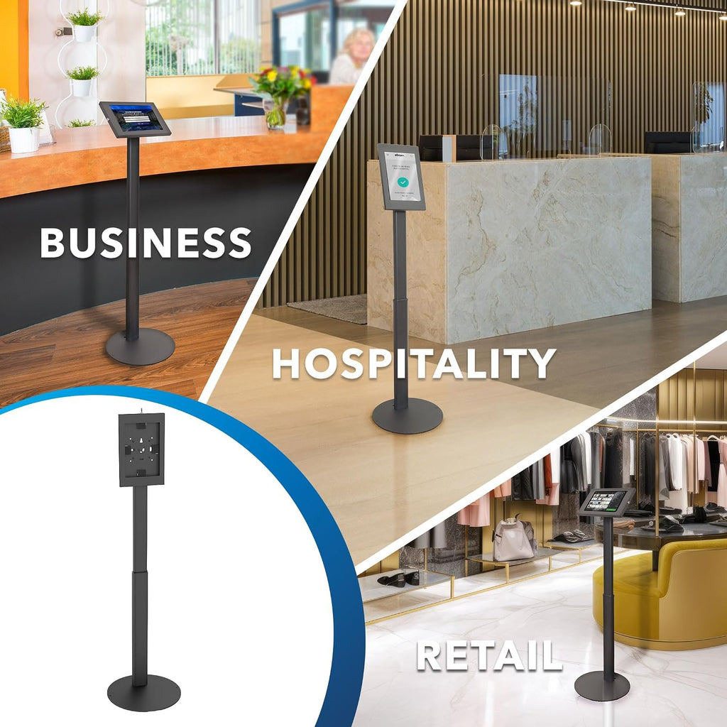 Mount-It! Anti-Theft Tablet Floor Stand Kiosk for Samsung Galaxy Tab A & S Series, Lockable Enclosure, Height Adjustable 27.66'–47.3', Commercial Kiosk Stand, Black