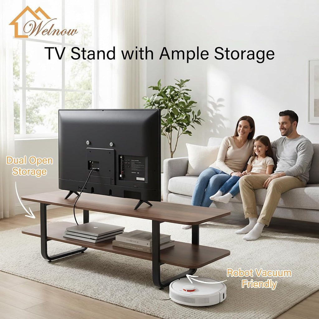 Welnow Walnut TV Stand for 65' TV, Mid Century Modern Entertainment Center with 2-Tier Open Shelves, Versatile Modern TV Console & Table for Living Room & Gaming