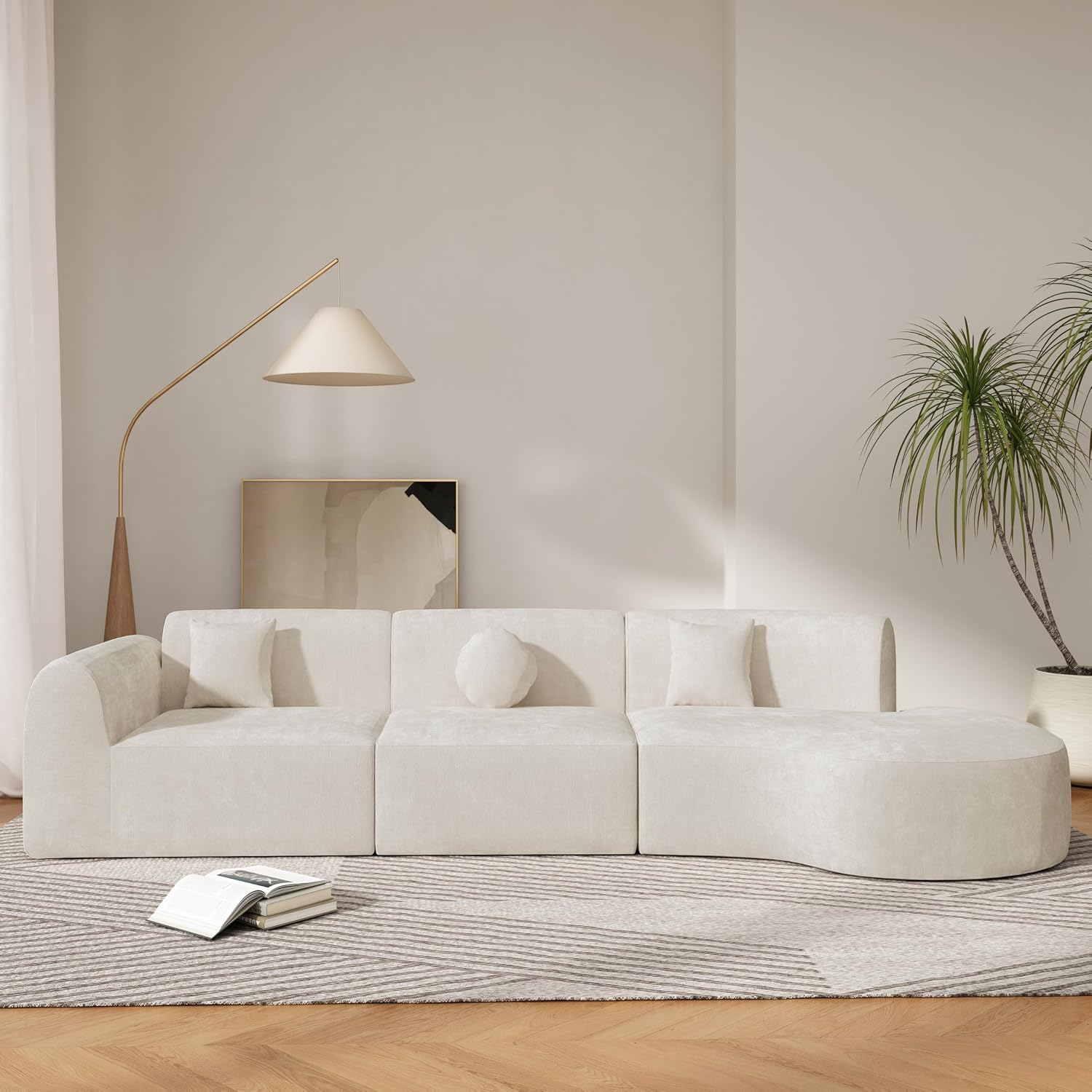 Merax 140' Curved Polyester Sectional Sofa Set, 7 Seat Modern Cloud Couch with Chaise Lounge, 3 Pillows, Fully Assembled for Living Room, Beige