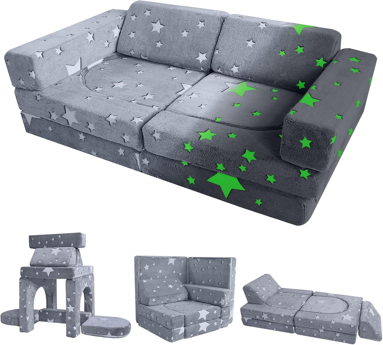MeMoreCool Kids Modular Play Couch – 10-Piece Glow-in-the-Dark Foam Set Convertible Toddler Sofa | Fold-Out Bed for Boys & Girls | Sensory Fort Building Fun