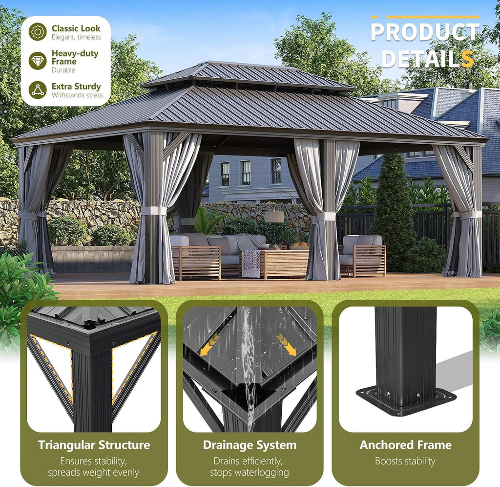 Suitable for Garden Leisure Time: 14'x20' Double - top Iron Sheet Luxury Pavilion, with a Sturdy Aluminum Alloy Frame, Equipped with Water - Repellent Enclosure Fabric and Insect - Proof Net