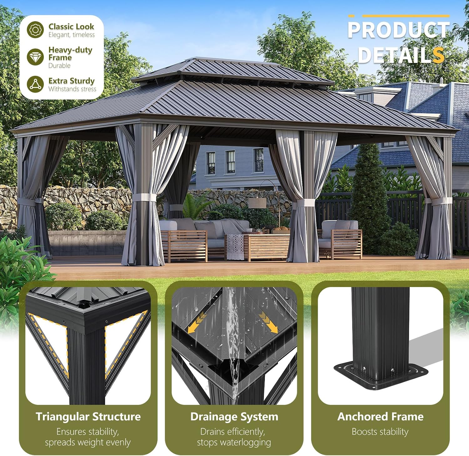 Suitable for Garden Leisure Time: 14'x20' Double - top Iron Sheet Luxury Pavilion, with a Sturdy Aluminum Alloy Frame, Equipped with Water - Repellent Enclosure Fabric and Insect - Proof Net