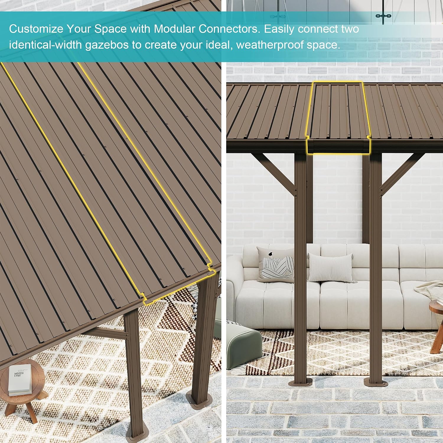 Domi Wall Mounted Gazebo Connector Kit for 8ft Width Outdoor Lean-to Gazebos, Pre-Assembled Rustproof Expansion Linker for 8'x8' and 8'x10' Hardtop Gazebos, Brown