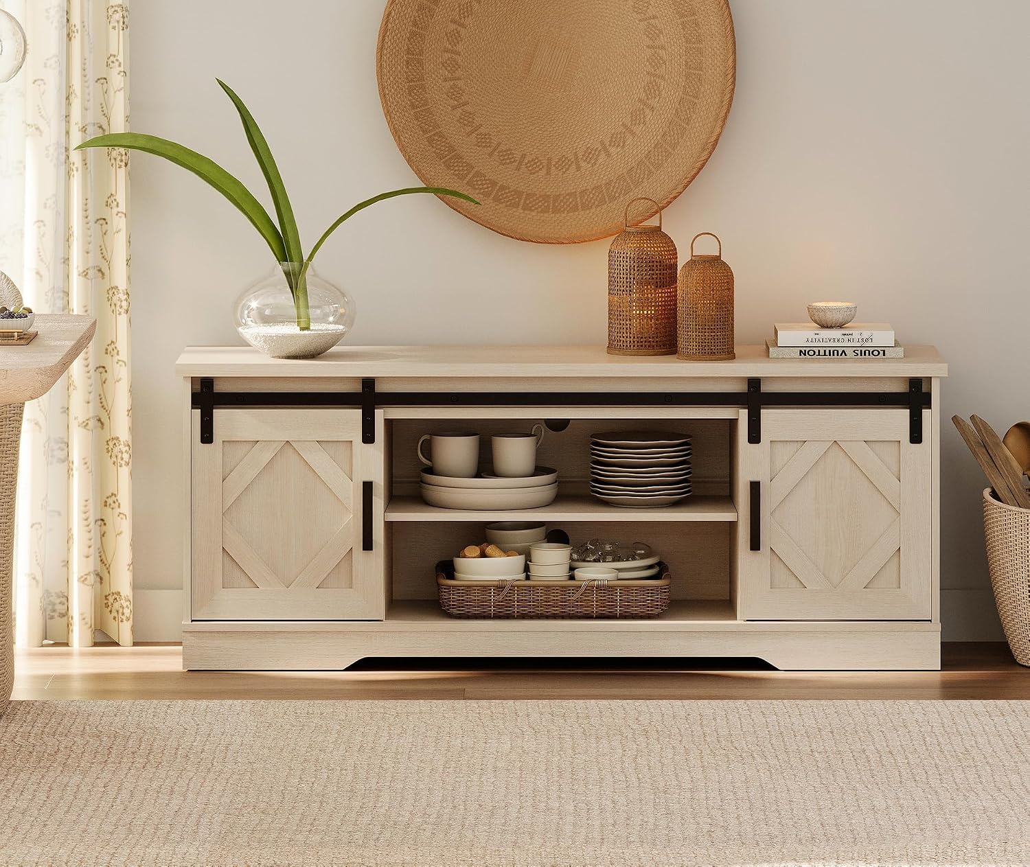 WAMPAT Modern Farmhouse TV Stand for TVs up to 65' with Sliding Barn Doors, 23.6' H Wood Entertainment Center with Adjustable Media Storage Shelf for Living Room, Beige Wood