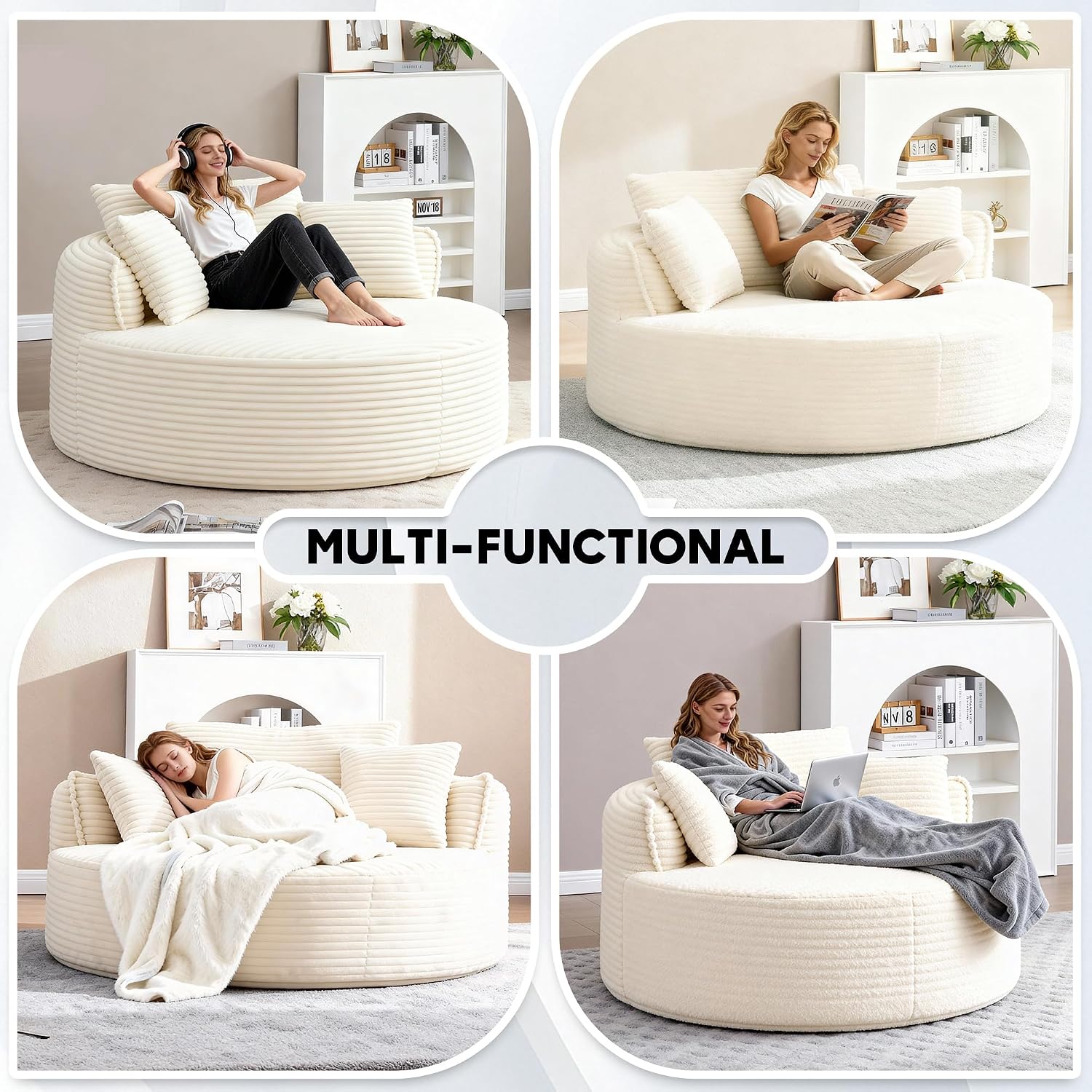 Oversized Round Chair Lounge Chaise Indoor, 53.5' Upholstered Corduroy Deep Seat Single Cloud Sofa Chair, Fluffy Modern Large Circle Boneless Sleeper Sofa for Living Room, Bedroom, Beige White