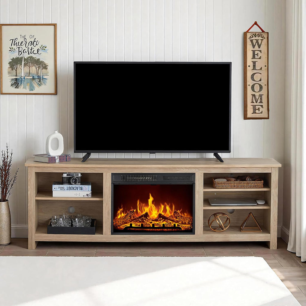 AMERLIFE Fireplace TV Stand, Wood Texture Entertainment Center with 23' Electric Fireplace, Farmhouse Entertainment Stand Media TV Console for TVs Up to 80', 70 inches, Natural Oak