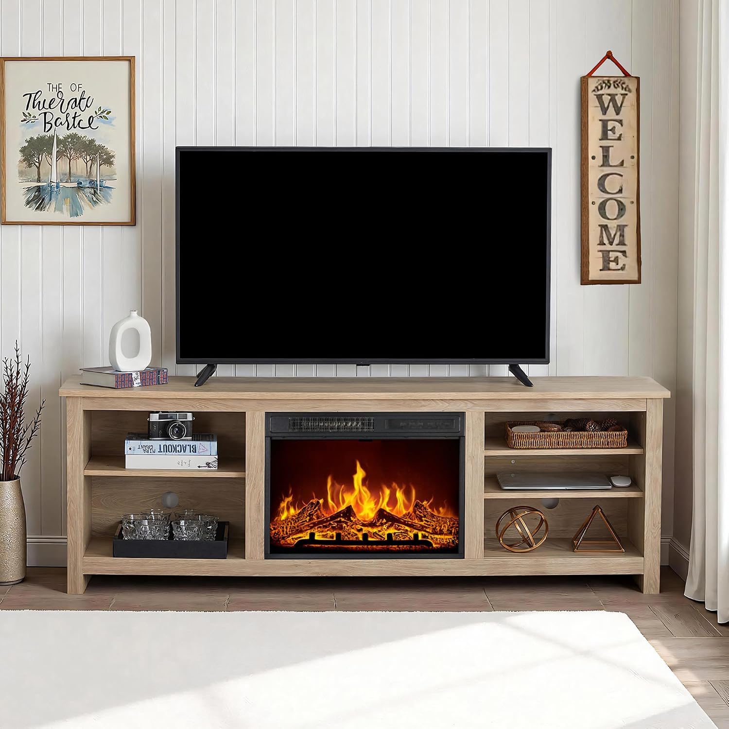AMERLIFE Fireplace TV Stand, Wood Texture Entertainment Center with 23' Electric Fireplace, Farmhouse Entertainment Stand Media TV Console for TVs Up to 80', 70 inches, Natural Oak