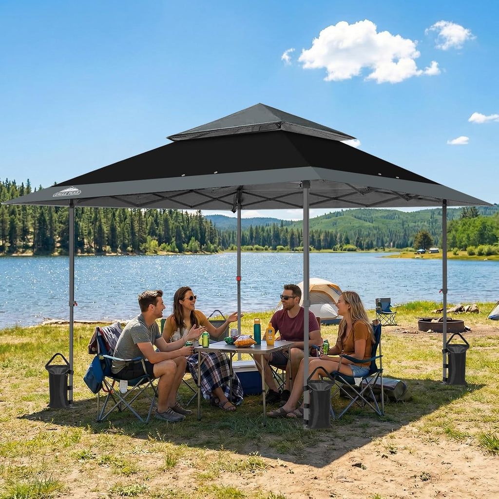 EAGLE PEAK 13x13 Straight Leg Pop Up Canopy Tent Instant Outdoor Canopy Easy Single Person Set up Folding Shelter w/Auto Extending Eaves 169 Square Feet of Shade (Black/Gray)