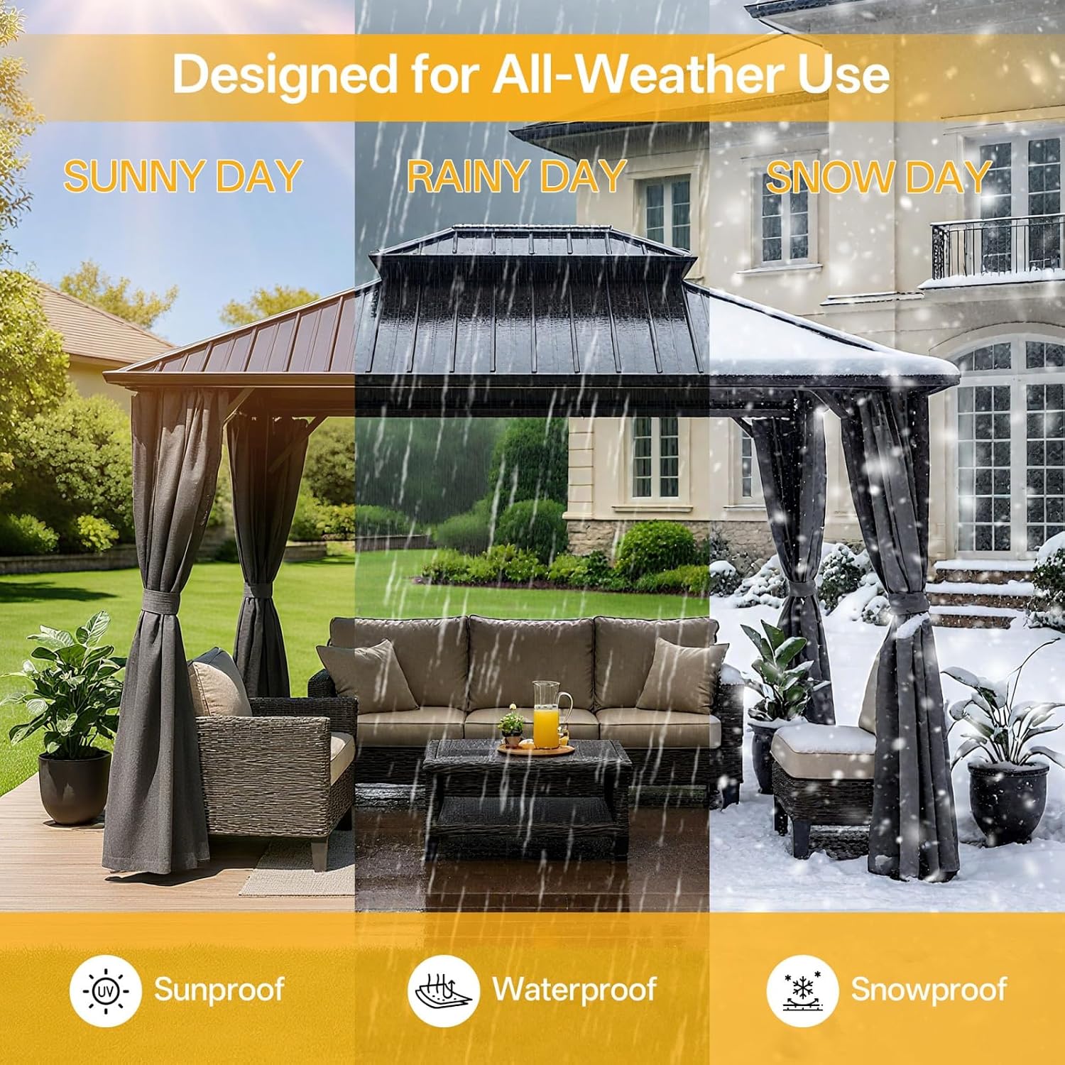 10x12 Hardtop Gazebo Outdoor Metal Gazebo with Double Roof & Netting Curtains - Heavy Duty Steel Pavilion for Patios, Waterproof & Snow Load Resistant