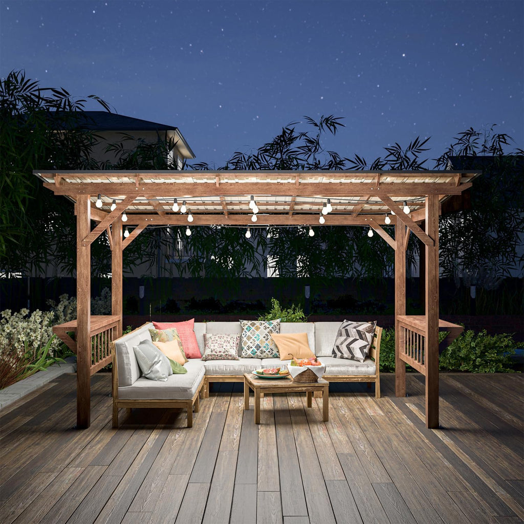 13' x 6.5' Wooden Pergola Grill Gazebo with Metal Roof & Counters Brown Spacious BBQ Outdoor Living