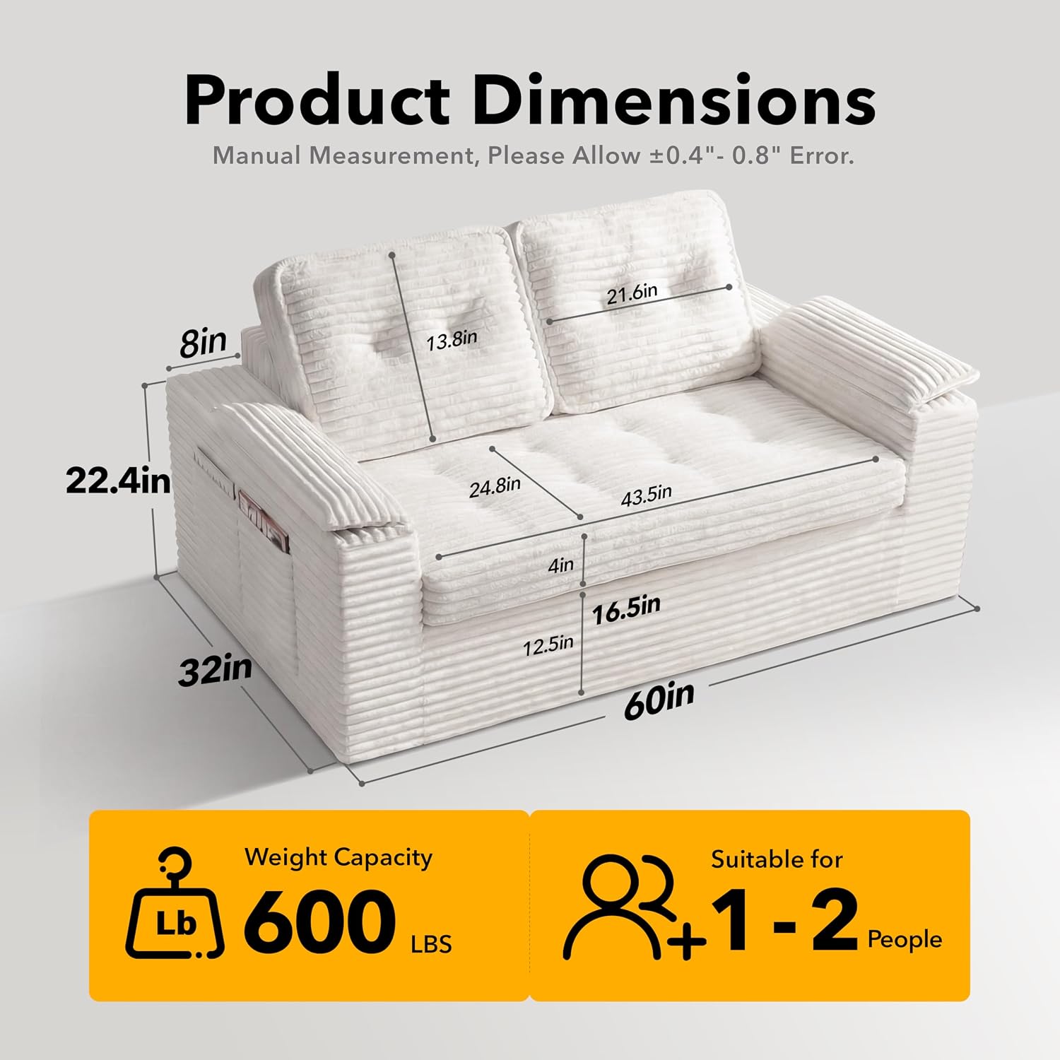 Boneless Loveseat, 2 Seater Deep Seat Loveseat Sofa with Wide‑Wale Corduroy for Small Spaces & Living Room, 60' Width, No Assembly, Washable Cover, Beige