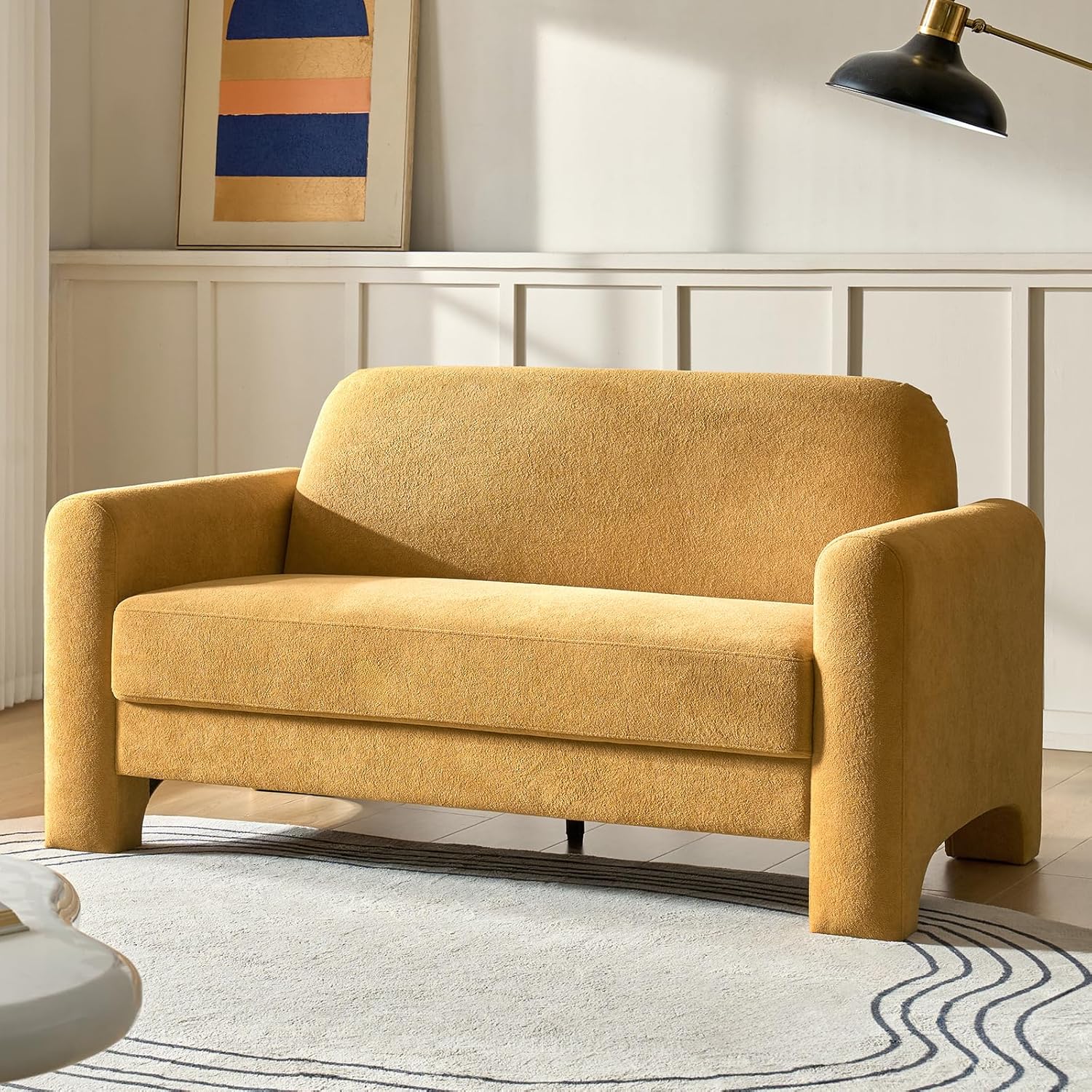 HULALA HOME 60' Modern Curved Loveseat Sofa, Comfy Chenille Couch Small Love Seat with Wrapped Armrests, 2 Seater Sofa for Living Room, Easy Assembly, Camel