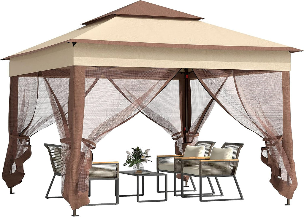 Outsunny 11' x 11' Pop Up Canopy, Outdoor Patio Gazebo Shelter with Removable Zipper Netting, Instant Event Tent w/ 114 Square Feet of Shade and Carry Bag for Backyard, Garden, Khaki