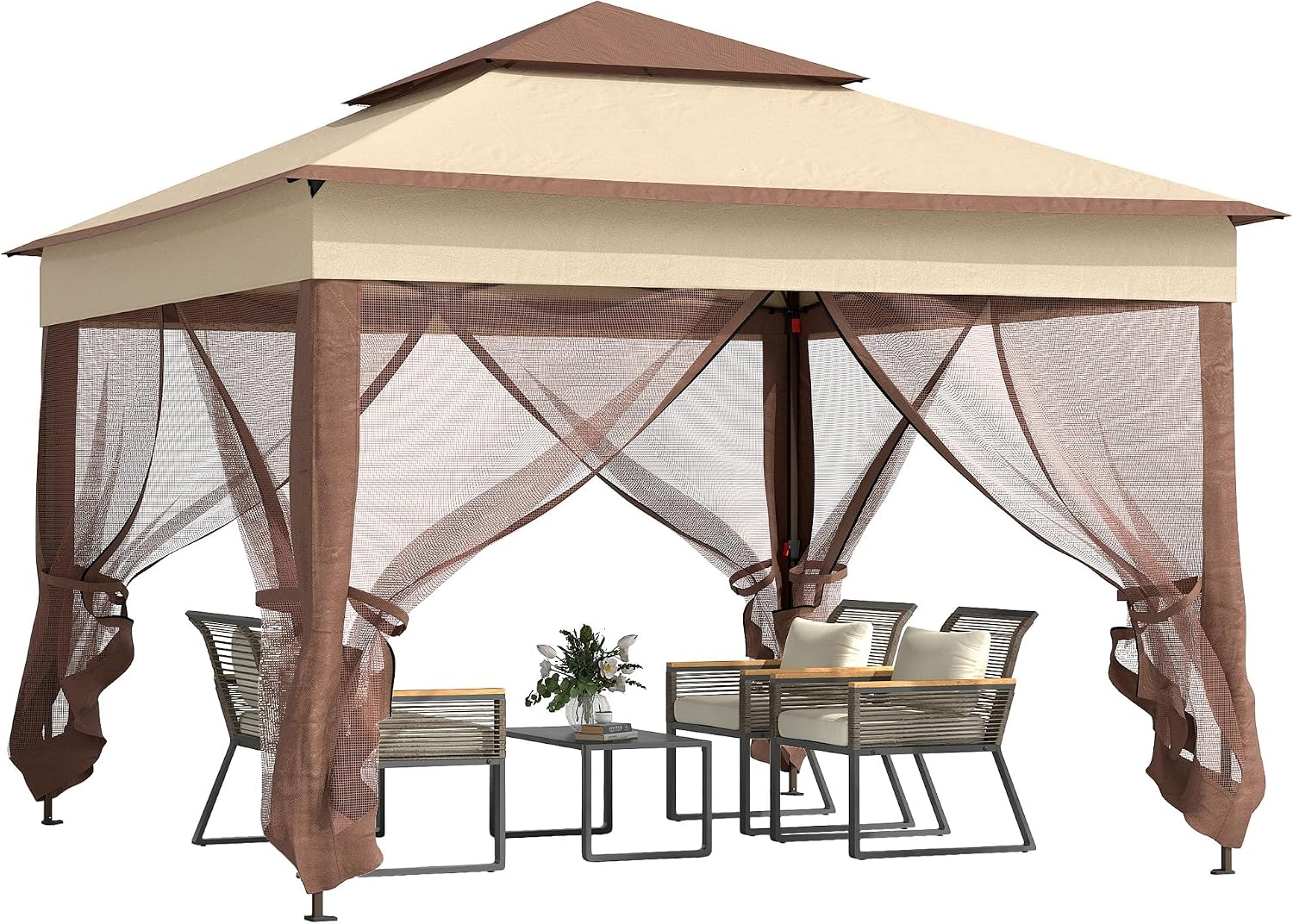 Outsunny 11' x 11' Pop Up Canopy, Outdoor Patio Gazebo Shelter with Removable Zipper Netting, Instant Event Tent w/ 114 Square Feet of Shade and Carry Bag for Backyard, Garden, Khaki