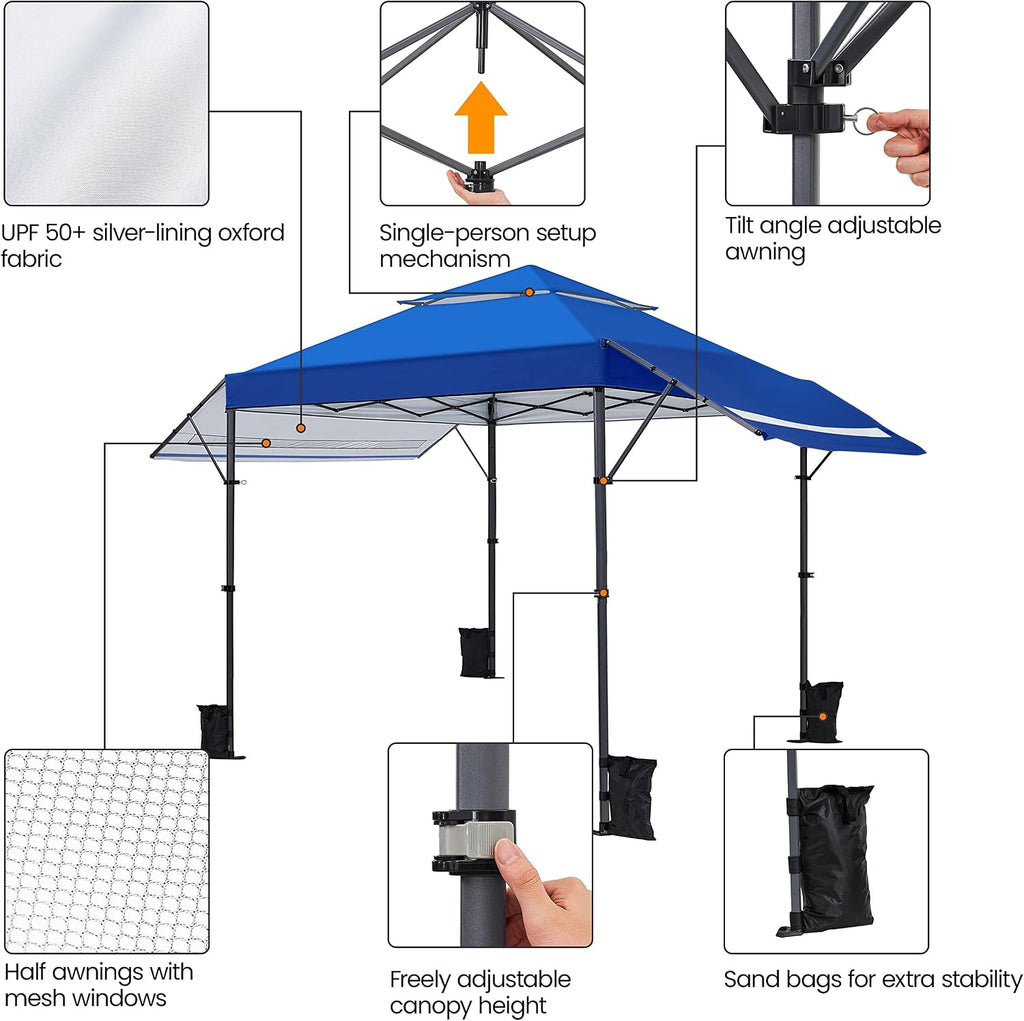 Yaheetech 10x17ft Pop Up Canopy with Awnings, Outdoor Canopy Tent, Heavy Duty Instant Beach Sun Shelter with Adjustable Dual Half Awnings & Wheeled Carry Bag, 4 Sandbags, One-Handed Set-up, Blue