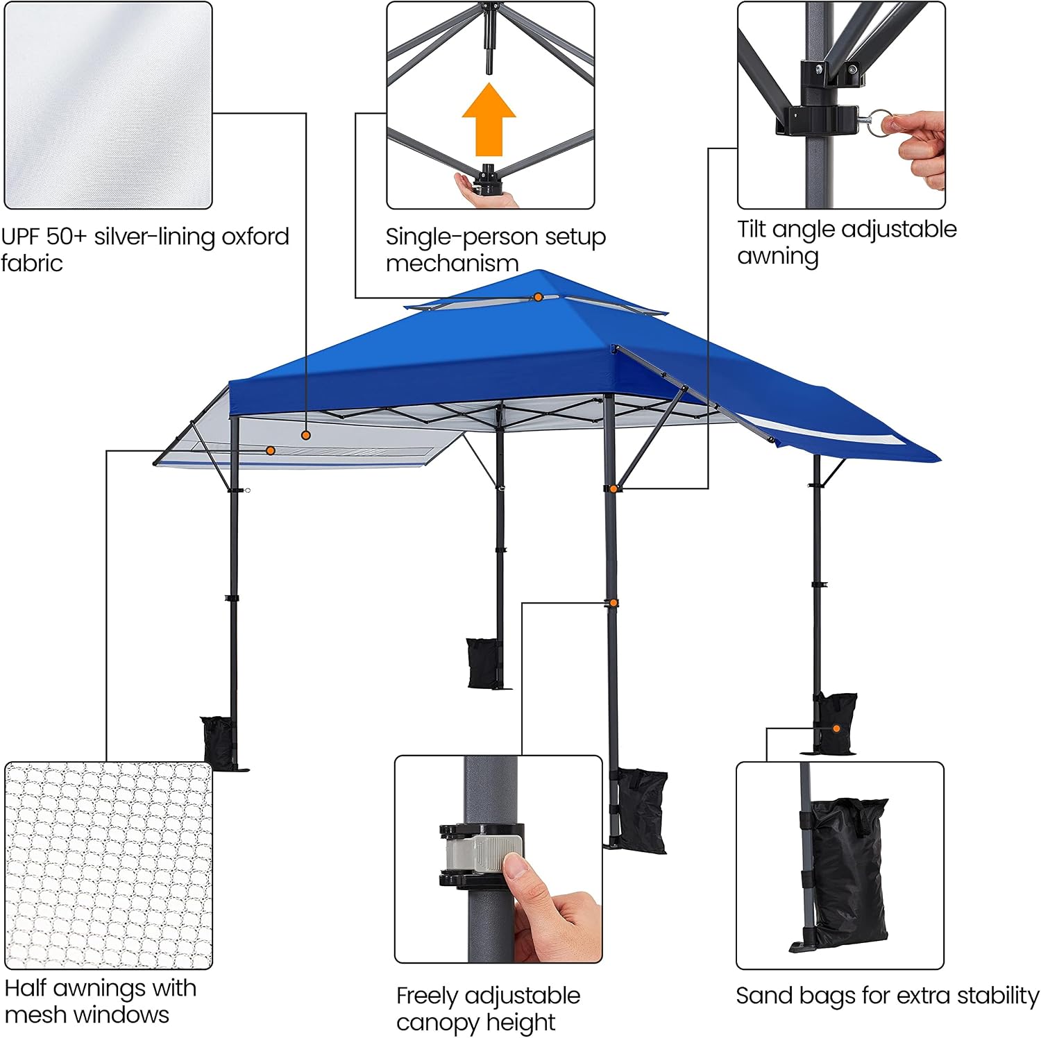 Yaheetech 10x17ft Pop Up Canopy with Awnings, Outdoor Canopy Tent, Heavy Duty Instant Beach Sun Shelter with Adjustable Dual Half Awnings & Wheeled Carry Bag, 4 Sandbags, One-Handed Set-up, Blue