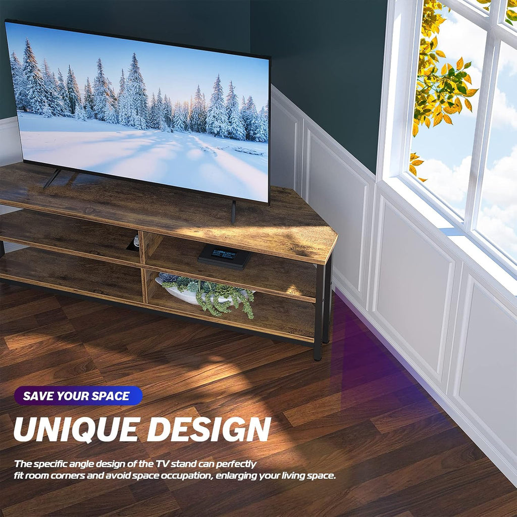 Unikito 55'' Corner TV Stand with Power Outlet, Corner Entertainment Center TV Console Table with 4 Open Storage Shelves, Metal Frame for Living Room, Bedroom, Industrial 60'' Corner TV Stand, Rustic