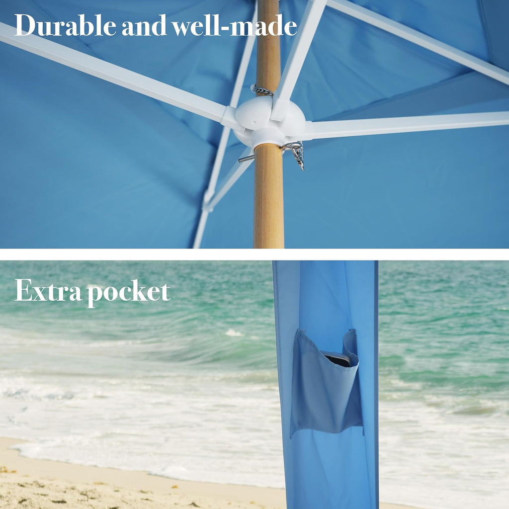 AMMSUN Beach Cabana with Fringe, 7' x 7' Boho Beach Canopy with Tassels, Easy Set up & Premium Wood Pole, Cabana Tent with Sand Pockets, Instant Sun Shade for Sand, Garden, Patio, Blue