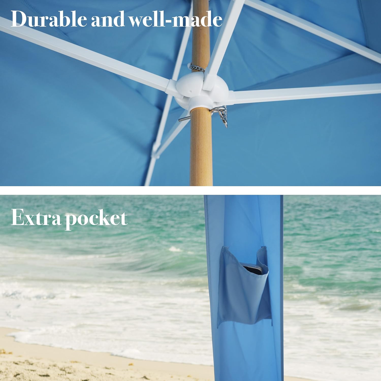 AMMSUN Beach Cabana with Fringe, 7' x 7' Boho Beach Canopy with Tassels, Easy Set up & Premium Wood Pole, Cabana Tent with Sand Pockets, Instant Sun Shade for Sand, Garden, Patio, Blue