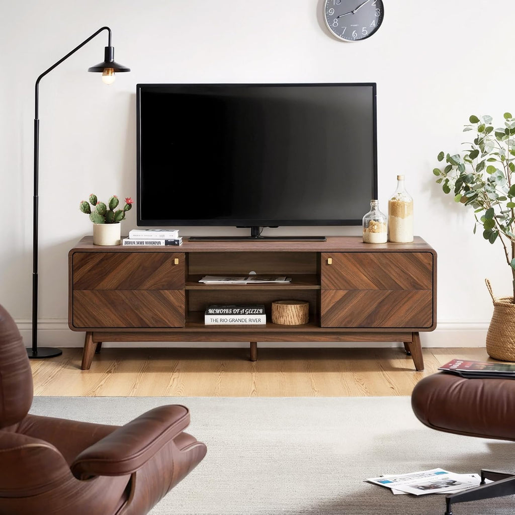 LuxenHome 63' Mid Century Modern TV Stand, TV Stands for Living Room for TVs up to 65', Entertainment Center with Storage, Wood TV Console with Tapered Legs, Television Stands
