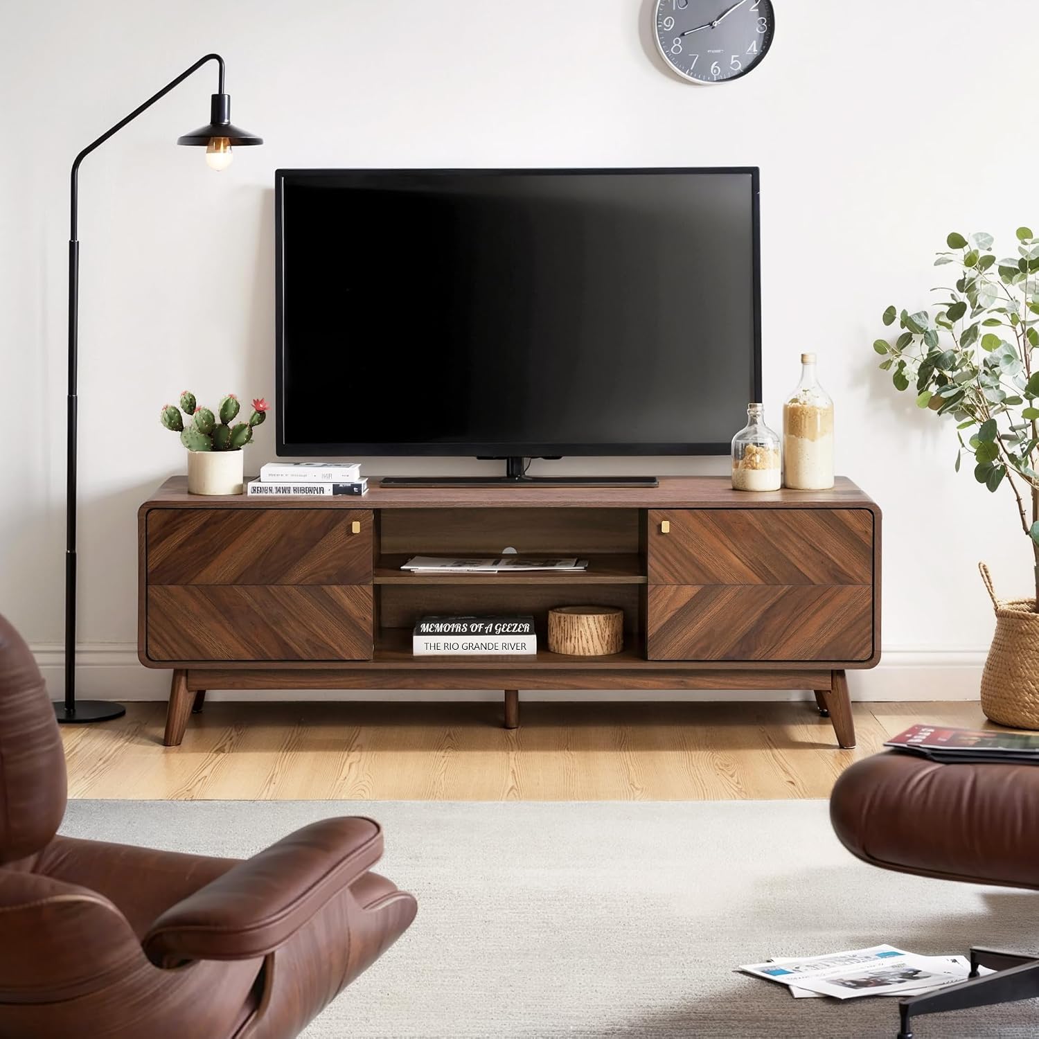 LuxenHome 63' Mid Century Modern TV Stand, TV Stands for Living Room for TVs up to 65', Entertainment Center with Storage, Wood TV Console with Tapered Legs, Television Stands