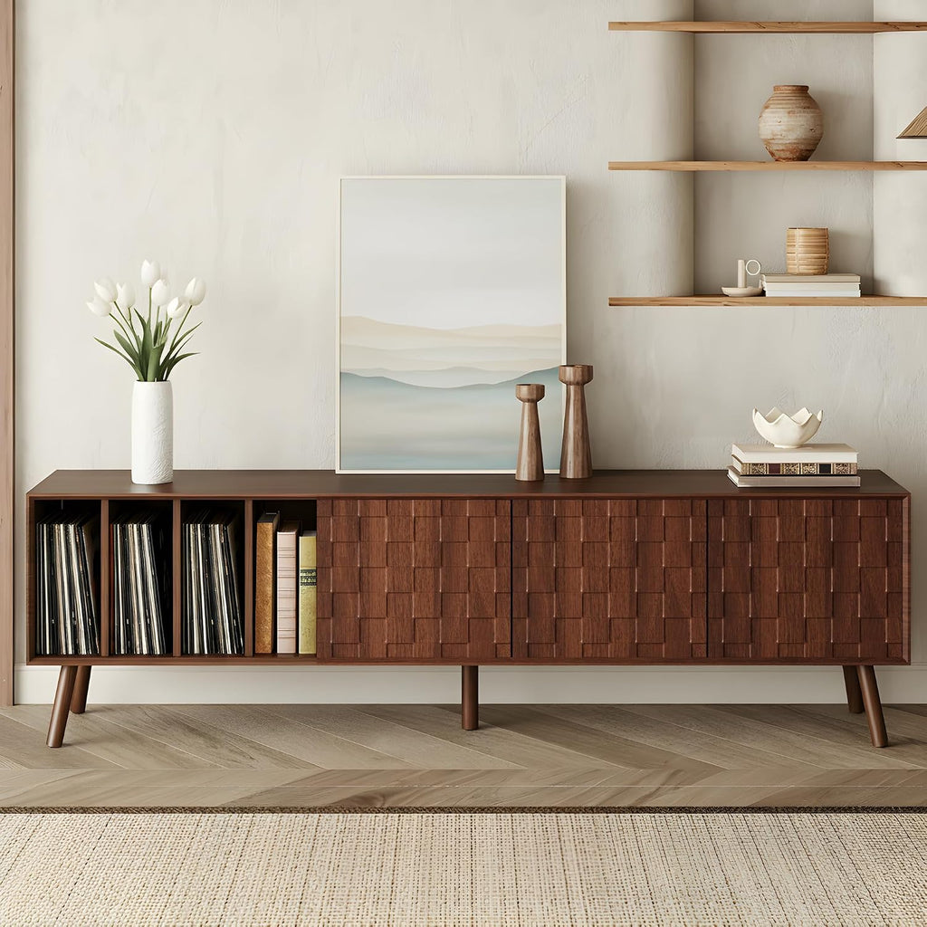 Merax 70' TV Stand for TVs Up to 80', Modern Entertainment Center with 3 Doors and Vertical Open Shelves, Media Console with Unique Mosaic Front Design for Living Room