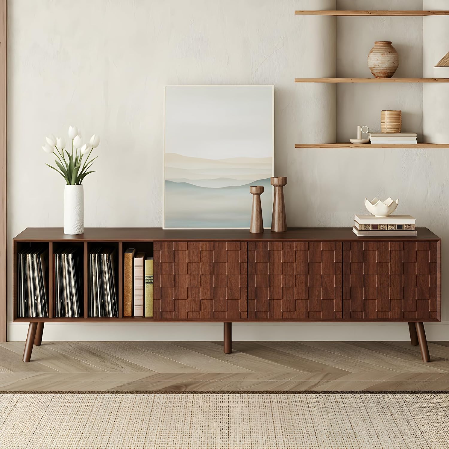 Merax 70' TV Stand for TVs Up to 80', Modern Entertainment Center with 3 Doors and Vertical Open Shelves, Media Console with Unique Mosaic Front Design for Living Room