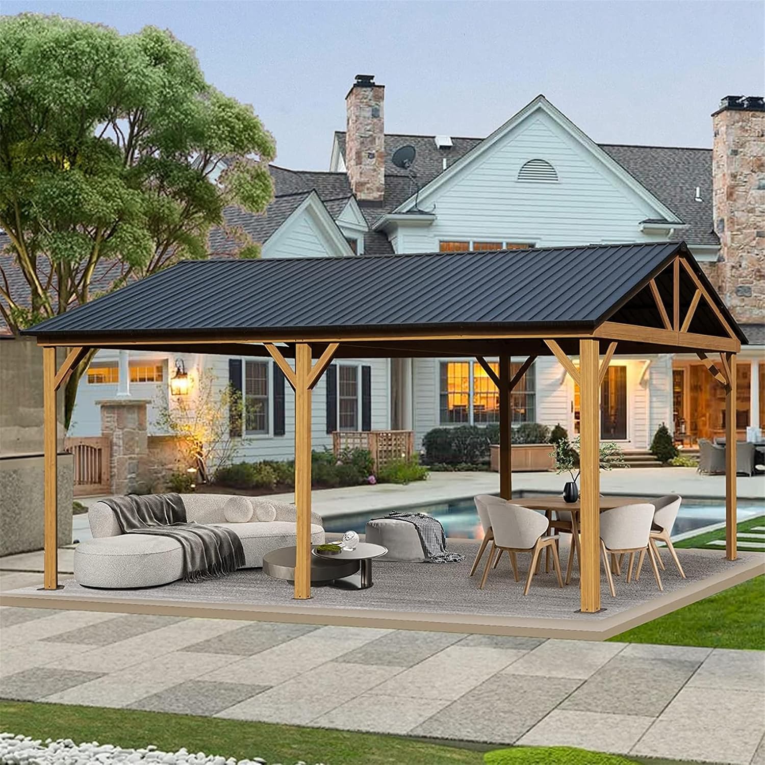 12'x20' Hardtop Gazebo, Outdoor Wooden Coated Aluminum Frame Hard Top Gazebo with Galvanized Steel Double Roof, Permanent Metal Roof Gazebo Pavilion for Deck, Patio and Garden (Yellow-Brown)