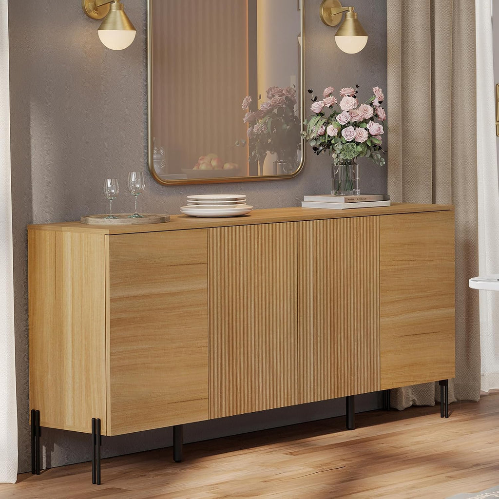 WAMPAT 61.6' TV Stand Cabinets for TVs up to 70 Inches, Entertainment Center with Storage Cabinets and 4 Doors, Mid Century Modern Media TV Console Table for Living Room Bedroom, Oak