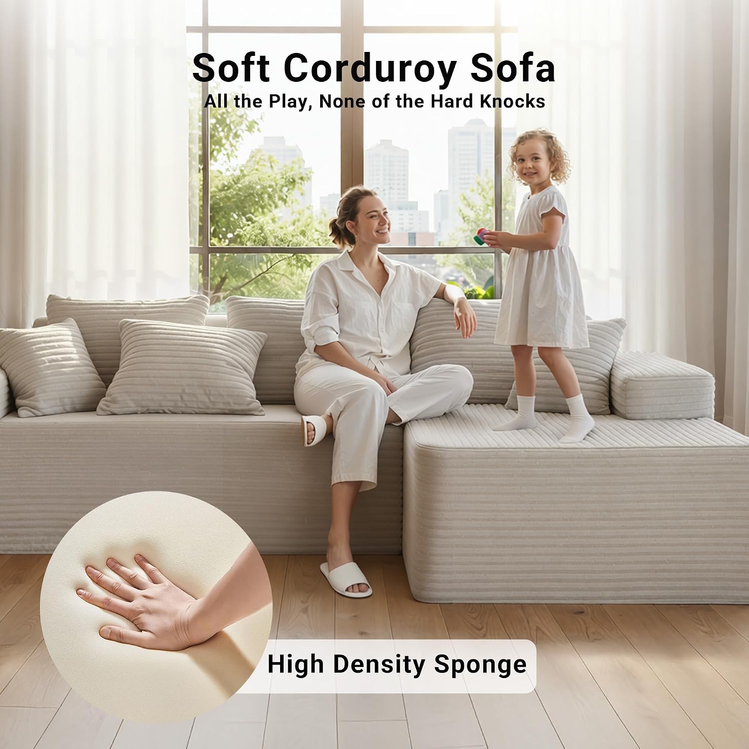Claiks 104' Boneless Couch, Cloud Couch Sectional, L-Shape Corduroy Modular Sectional Sofa Deep Seat, Upholstered Couches for Living Room, No Assembly Required, Beige, Right Facing Chaise