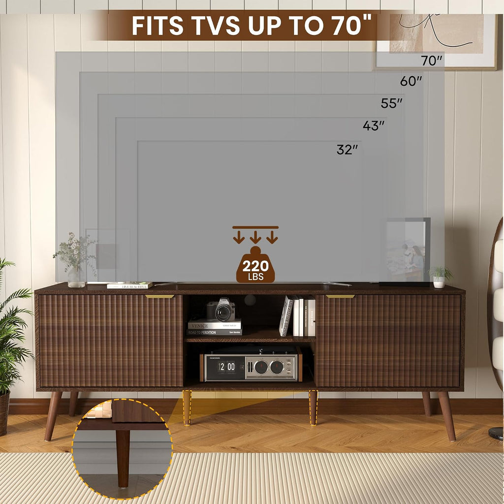 TV Stand for Living Room to 55/60/65/70 Inches, Mid Century Modern TV Consoles with Power Outlet, Entertainment Center with Door Cabinets and Open Shelves for Living Room, Bedroom, Walnut