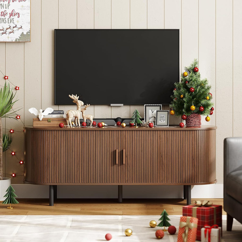 ONBRILL 55' TV Stand with Power Outlet for TVs up to 60 Inch, Entertainment Center with Storage and Adjustable Shelves, Modern Media Console with Sliding Doors for Living Room, Walnut