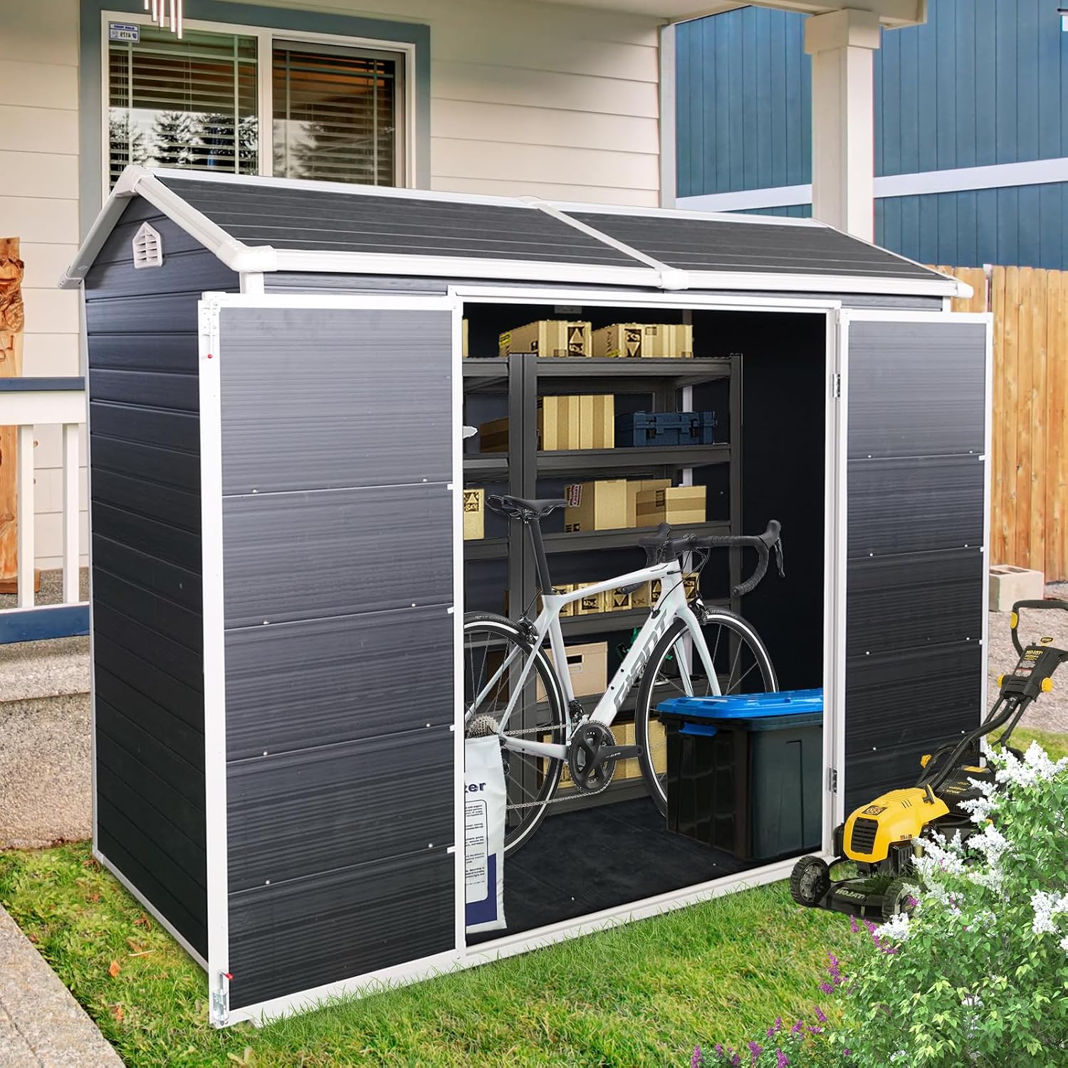 Storage Shed, 4x8ft Outdoor Storage Shed with Floor Included with 2 Windows and Lockable Door, Resin Sheds for House Garden Tools, Bike, Motorcycle, Lawn Mover, Arched Roof, Black