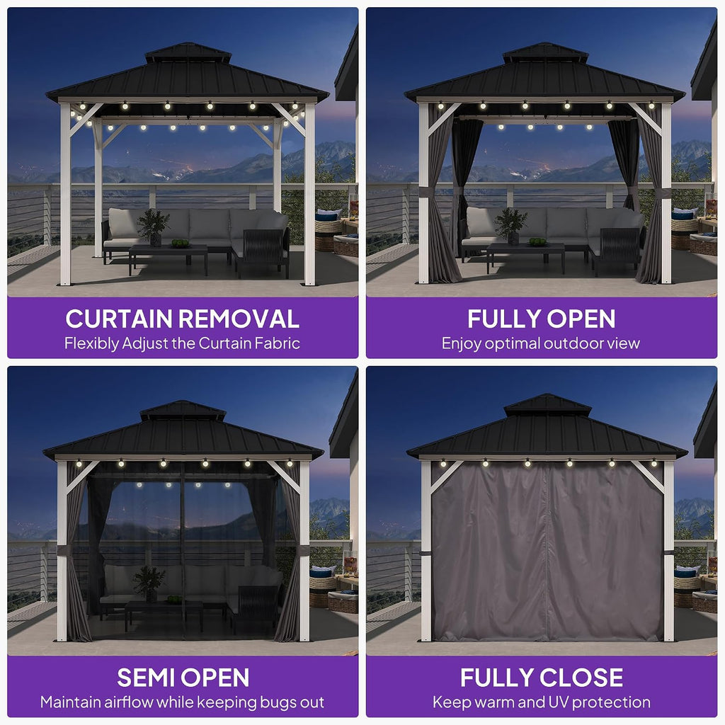 PURPLE LEAF 10' X 10' Outdoor Gazebo Galvanized Steel Double Roof White Aluminum Frame Hardtop Heavy Duty Gazebo with Curtain and Netting for Patio Garden and Backyard, Grey