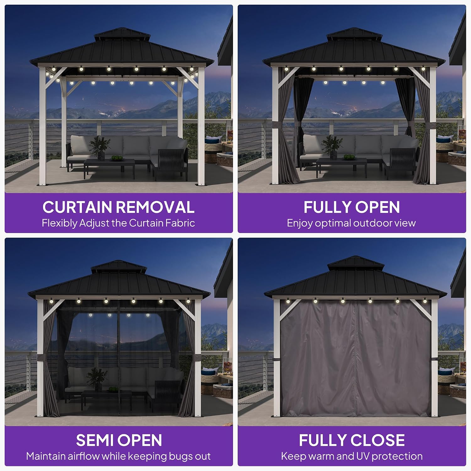 PURPLE LEAF 10' X 10' Outdoor Gazebo Galvanized Steel Double Roof White Aluminum Frame Hardtop Heavy Duty Gazebo with Curtain and Netting for Patio Garden and Backyard, Grey