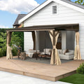 Domi 10x14FT Lean to Gazebo with Gutters, Outdoor Wall Mounted Pergola Hardtop with Galvanized Steel Sloping Roof, Patio Metal Canopy with Curtains and Nettings, Outside Awning for Backyard, Garden